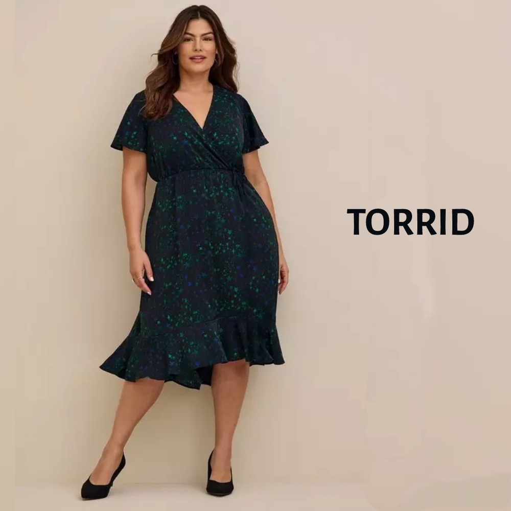 Torrid Black Star Surplice Wrap Midi Dress | Hi-Low